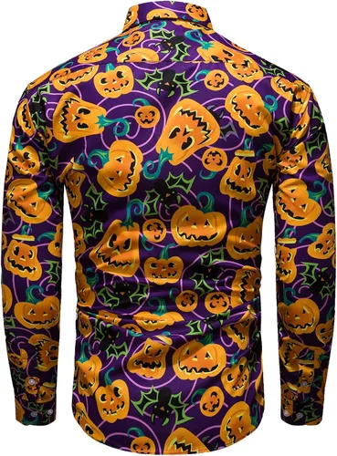 Vista 2 de fohemr Camisa divertida de Halloween para hombre, diseño de calabaza fea, manga larga, casual, con botones, disfraz de adulto para fiesta