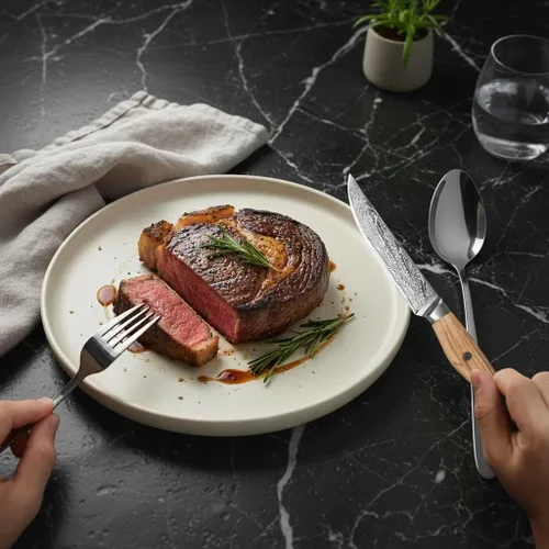 Vista 9 de Juego de 6 cuchillos para carne Damasco Premium no dentados con mango de madera de olivo natural, cuchillas de acero japonés de borde recto de 67