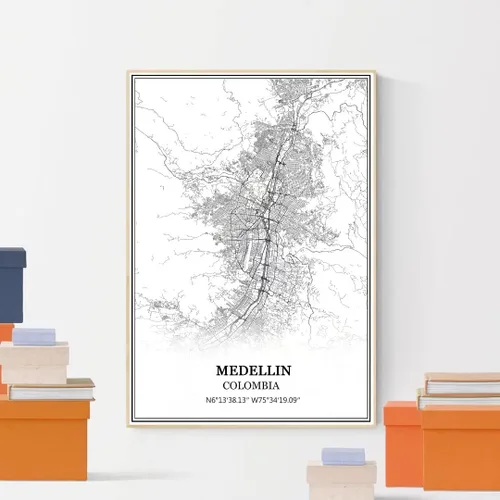 Vista 4 de TANOKCRS Medellin Colombia - Póster de arte para pared, diseño de mapa moderno en blanco y negro, sin marco, regalo de recuerdo para decoración