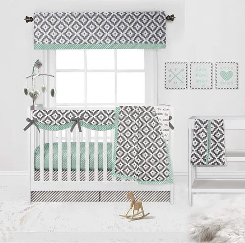 Vista 4 de Bacati - Falda de cama Love 100% algodón percal para cuna/niño pequeño (rayas oscuras, gris)