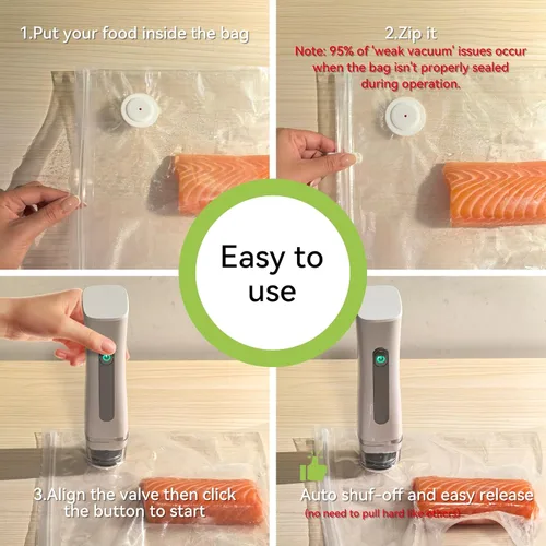 Vista 6 de Máquina selladora al vacío inalámbrica compacta para conservación de alimentos con 30 bolsas reutilizables de almacenamiento al vacío