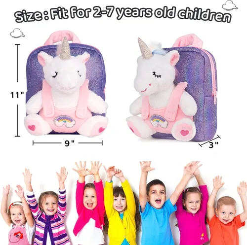 Vista 8 de Redeo Mochila de unicornio con unicornios para niñas mochila para niñas de 3 años con animales de peluche de unicornio juguetes de peluche