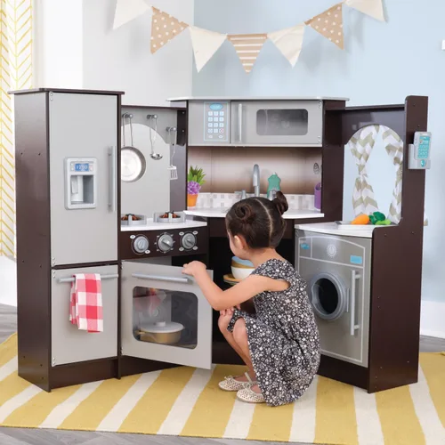 Vista 2 de KidKraft Ultimate - Cocina de esquina de madera con luces y sonidos, teléfono de juego y cortinas, Espresso, regalo para niños de 3 años en adelante