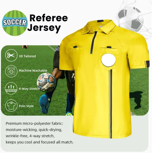 Vista 3 de CUTIEHON Camiseta de árbitro de fútbol, camiseta oficial de árbitro profesional de manga corta, con un soporte para insignia y bolsillos