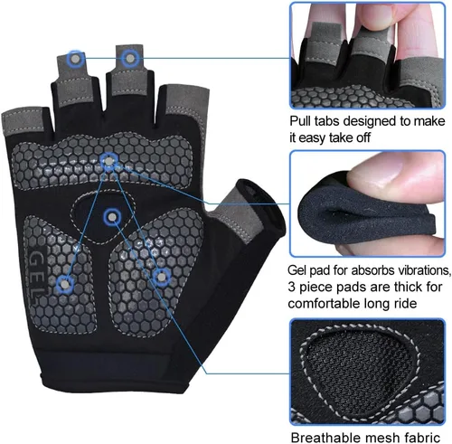 Vista 2 de HuwaiH Guantes de ciclismo para hombresmujeres, antideslizantes, amortiguadores, guantes de ciclismo con almohadilla de gel de medio dedo, guantes