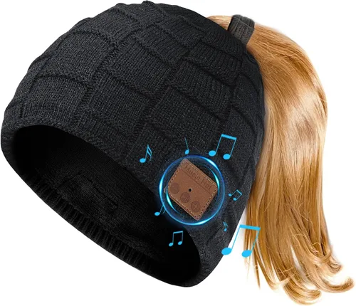 Vista 9 de Gorro Bluetooth para mujer con agujero para cola de caballo, gorro con auriculares integrado, micrófono integrado, regalos para mujer, W2-negro