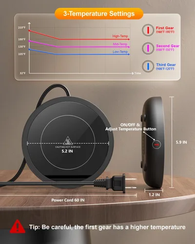 Vista 4 de SWEETFULL Calentador de taza de café, calentador eléctrico de taza de café de 36 W para escritorio con 3 ajustes de temperatura, calentadores