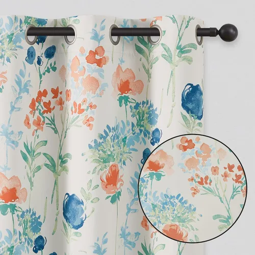 Vista 10 de Cortinas opacas 100% opacas con flores de 54 pulgadas de largo, color azul mixto para oscurecer la habitación, paneles de cortina para dormitorio