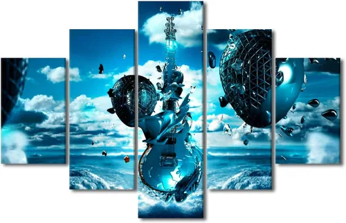 Vista 83 de Lienzo decorativo para pared, diseño de DJ Music Mixes the Track HD impreso en pinturas, 5 piezas de imágenes abstractas para sala de estar, obra