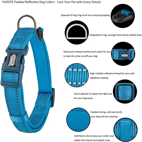 Vista 5 de Collar acolchado de nailon reflectante para perro, collares suaves ajustables para mascotas con hebilla de liberación rápida para perros pequeños