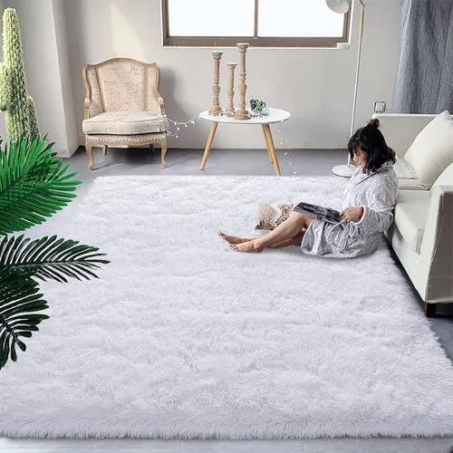 Vista 2 de DweIke Alfombras blancas esponjosas para dormitorio y sala de estar, 5 x 8 pies, suave felpa shaggy marfil crema para niñas, niños y chicos