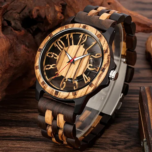 Vista 5 de Brown Deep Black Ebony Zebra Reloj de cuarzo de madera para hombre, correa de madera con cierre plegable para hombres