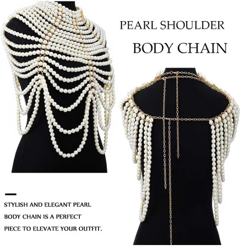 Vista 7 de Collar de chal de cadena de cuerpo de perlas, sujetador de perlas, cadena de hombro con cuentas sin espalda, cadenas en el pecho, traje rave