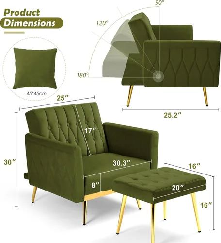Vista 3 de Silla decorativa de terciopelo con respaldo y reposabrazos Verde oliva