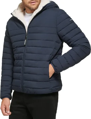 Vista 6 de Calvin Klein Chaqueta de plumón con capucha para hombre, abrigo acolchado, forro de sherpa