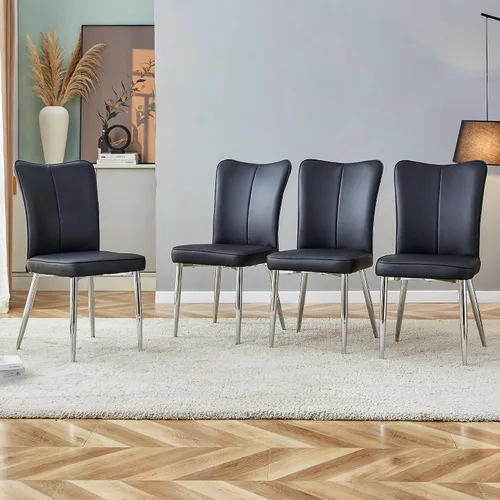 Vista 12 de Juego de 4 sillas de comedor de piel sintética, modernas sillas de comedor con tapizado de cuero y patas metálicas, juego de 4 sillas de comedor Bk-b