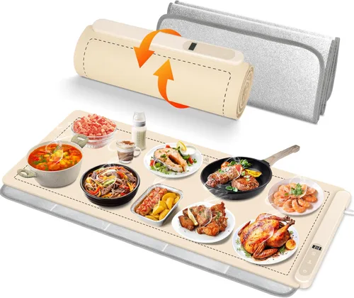 Vista 10 de OcePor (XL 24 x 15 pulgadas) Tapete Calentador de Alimentos, Bandeja de Calentamiento Eléctrica, Calentador de Alimentos Plegable para Fiestas