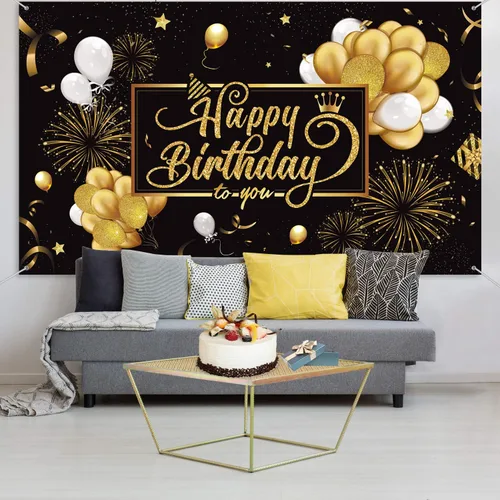 Vista 5 de Blulu Cartel de Pancarta de Feliz Cumpleaños Póster de Tela Grande con Purpurina Globo Fuegos Artificiales Cartel Fondo de Fotos Telón de Fondo