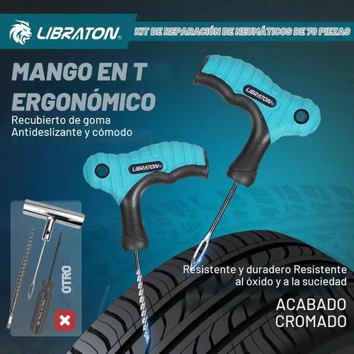 Vista 3 de Kit de reparación de neumáticos Libraton, kit de 78 piezas de tapones para neumáticos, herramientas profesionales resistentes para arreglar