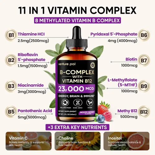 Vista 4 de Venture Pal Vitamina B Complex Liquid Drops, B12 Metilcobalamina B9 Fólico B1, B2, B3, B5, B6, B7 - Vitamina C, colina, inositol, metabolismo