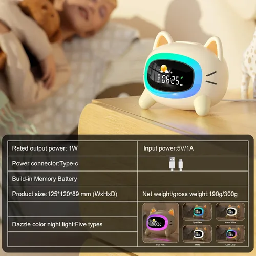 Vista 6 de ANALOI Reloj despertador para niños, reloj despertador Ok to Wake para niños, reloj de luz nocturna para dormitorio, reloj despertador para gatos