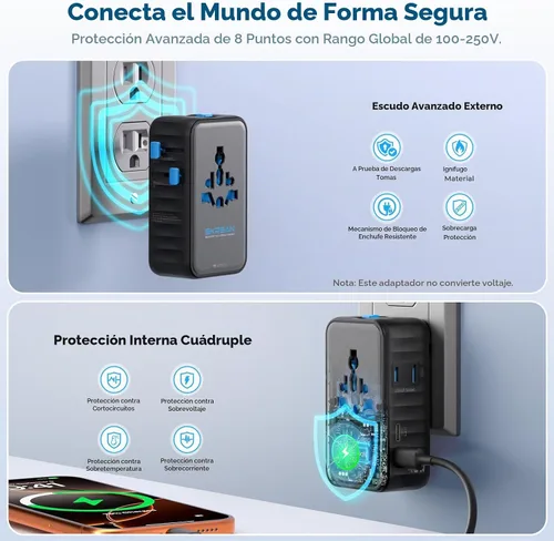 Vista 7 de Adaptador de viaje universal ultrafino Aura 45W 6 en 1 para hogar y Negro medianoche