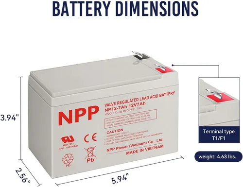 Vista 4 de NPP Batería recargable AGM SLA de 12V 7Ah T1 8PCS