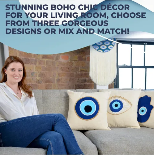 Vista 4 de WALBROOK Funda de almohada de mal de ojo bohemio Hamsa de 18 x 18 pulgadas, fundas de almohada decorativas, decoración de ojo azul, almohadas azules