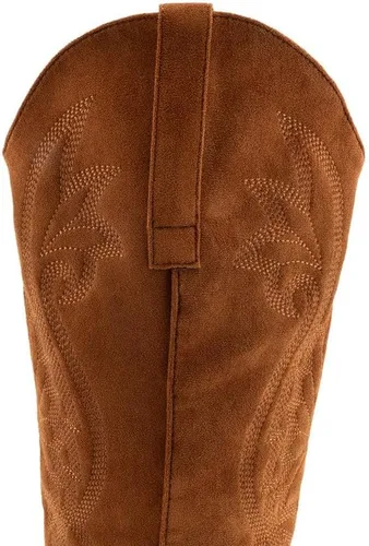 Vista 4 de WIRALOMI Botas vaqueras de tacón grueso bordado hasta la rodilla para mujer, botas vaqueras con punta puntiaguda