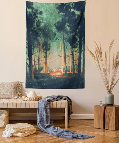 Vista 32 de Ambesonne Tapiz de paisaje, lago y pico glaciar nevado en Estados Unidos, ilustración de bosque de pinos altos, colgante de pared para dormitorio
