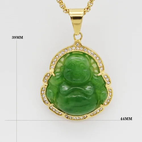 Vista 2 de Collar de acero inoxidable con colgante de jade de imitación de buda de la buena suerte