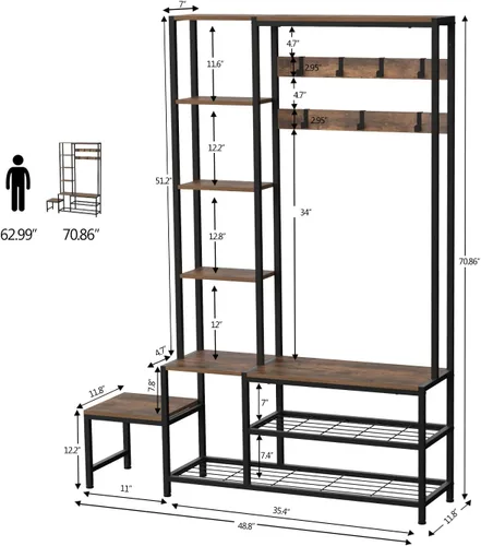 Vista 9 de Árbol de pasillo con banco de almacenamiento de zapatos, perchero con 7