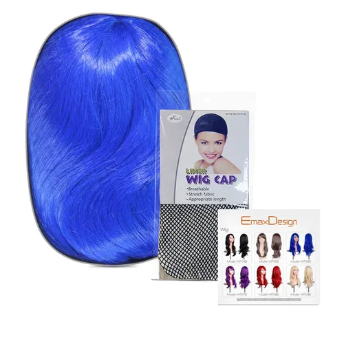 Vista 3 de EmaxDesign Pelucas de 28 pulgadas ondulado rizado Cosplay peluca con gorra de peluca y peine (azul oscuro)