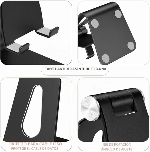 Vista 4 de Soporte plegable negro para teléfono celular de aleación de aluminio, soporte de teléfono de metal de mesa con ángulo ajustable por eje giratorio