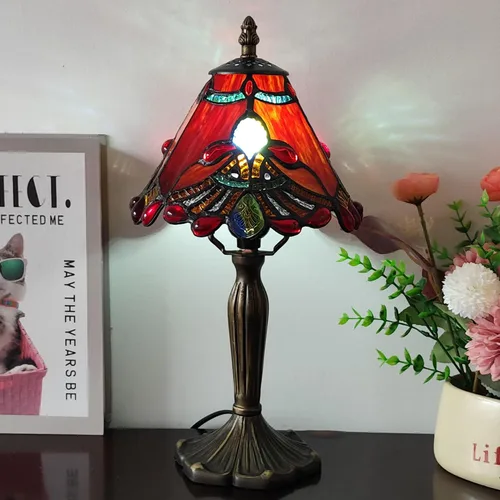 Vista 4 de Tiffany - Lámpara de mesa con perlas rojas, estilo barroco, vitral, luz de escritorio, pequeña lámpara de noche estilo Tiffany con bombilla LED