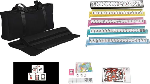 Vista 8 de Juego de Mahjong Americano HNDTEK - Bolsa Suave Negra - 166 Azulejos Blancos Grabados, 4 Rack/Empujadores Todo en Uno, Juego de Mah Jongg Occidental