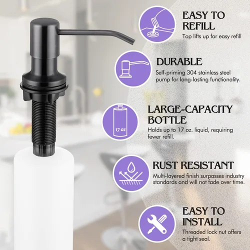 Vista 3 de Dispensador de jabón para fregadero de cocina, integrado, acero inoxidable (metal de pistola), juego de bomba para jabón o loción, recarga desde