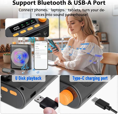 Vista 8 de Amplificador de voz Micrófono inalámbrico con Lavalier magnético, amplificador de voz Bluetooth para profesores con 2 micrófonos, micrófono portátil