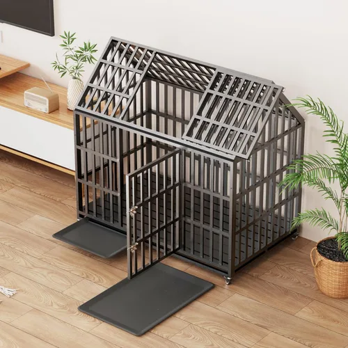 Vista 5 de Jaula extragrande para perros, jaula de hierro galvanizado resistente de 55 pulgadas, muebles con puerta delantera, puerta superior y 4 ruedas