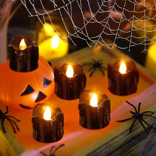 Vista 5 de 24 velas de decoración de Halloween para interiores, velas de té negra: velas LED sin llama, funciona con pilas, decoración de mesa con telarañas
