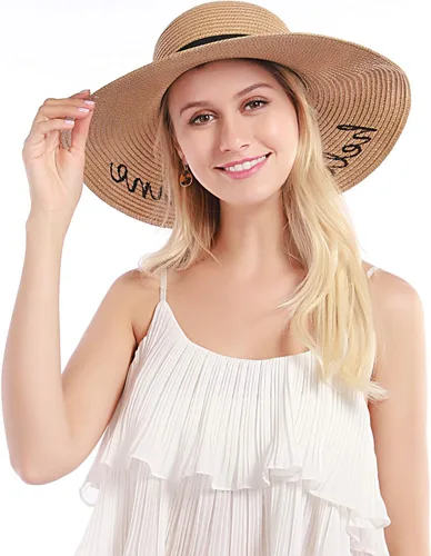 Vista 4 de Double Couple Womens Straw Hat Wide Brim Floppy Beach Sun Hat for Women UPF 50+ Adjustable Strap Vacation