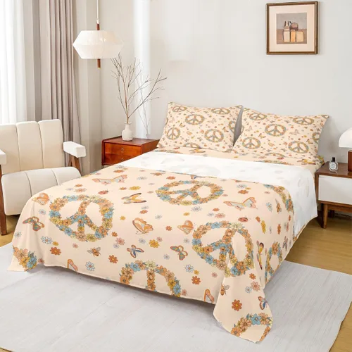 Vista 12 de Erosebridal Groovy - Juego de sábanas para decoración de fiesta para niñas y mujeres, diseño de signo de paz, tamaño individual, sábanas de mariposa
