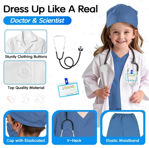 Vista 2 de Doctor Scrubs Costume for Kids With Stethoscope Lab Coat Career Day Costume Doctor Dress Up For Boys Girls 3-12