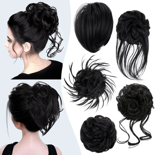 Vista 17 de HMD 5 piezas de moño despeinado para mujer, extensión de cabello con banda de goma elástica, extensión de cabello largo y desordenado, accesorios