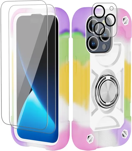 Vista 58 de Funda para iPhone 11 de 6.1 pulgadas con soporte de anillo, con 2 protectores de pantalla de vidrio, resistente a los golpes, resistente a