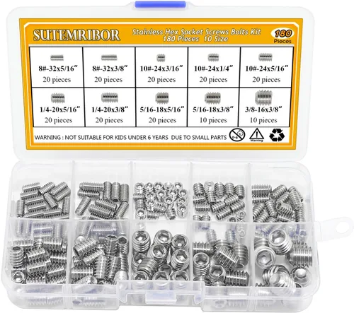 Vista 3 de 380 piezas de 20 tamaños, 4#-40 a 3/8 "-16 de acero inoxidable interno hexagonal de acero inoxidable, juego de tornillos surtidos