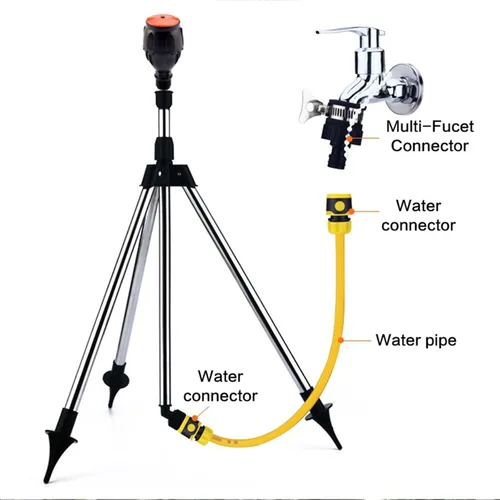 Vista 4 de Aspersor de trípode giratorio, rociador de riego automático de 360 grados, aspersor giratorio de gran área, aspersor giratorio ajustable con soporte