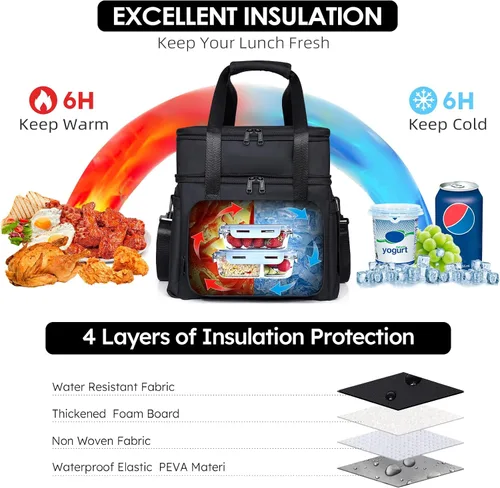 Vista 5 de Bolsa de almuerzo aislada NOL Natural Organic Lifestyle para adultos, bolsa de almuerzo grande de doble capa expandible a prueba de fugas, bolsa