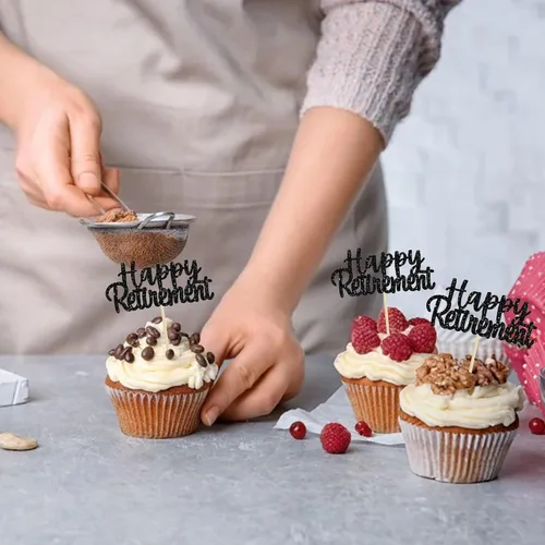 Vista 8 de Gyufise Decoración negra para cupcakes con purpurina para jubilados, decoración de pasteles para fiestas de jubilación, paquete de 36