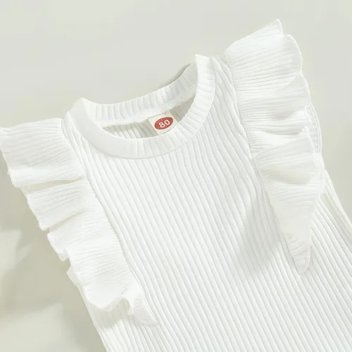 Vista 5 de Conjunto de ropa de verano para niña pequeña, con volantes, sin mangas, acanalada, pantalones cortos de cintura elástica con cinturón, ropa de moda